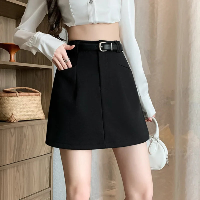 FashionSierra - Belt Suit A-line Short Fashionable High Waist Mini Solid Basic Casual Skirt