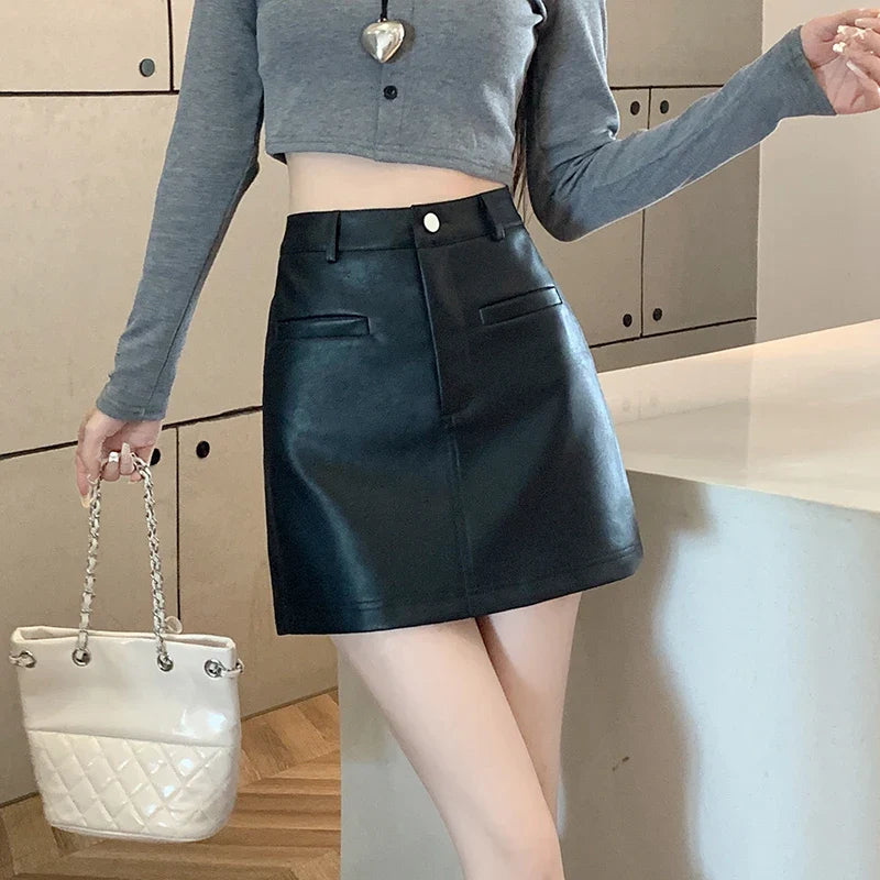 FashionSierra - New Autumn Winter Basic Solid Color High Waist A-line Mini Korean Casual PU Short Skirt