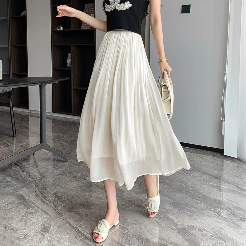 FashionSierra - 2024 New Spring Summer Women Tulle Solid Color Elastic High Waist Pleated Ladies Temperament Skirt