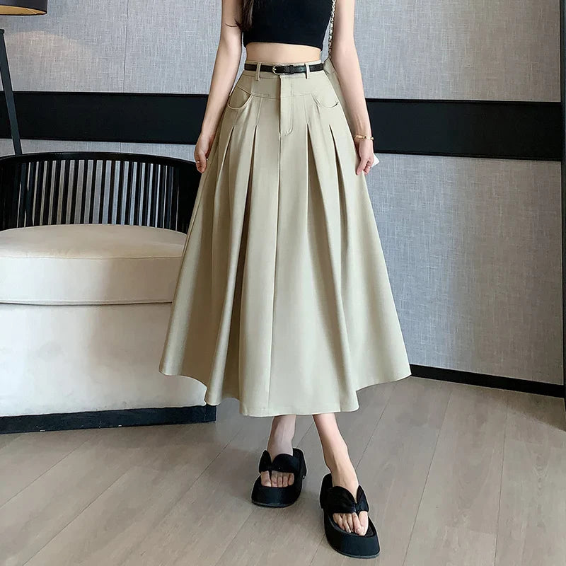 FashionSierra - 2024 New Spring Summer Women Pleated Long Fashion High Waist A-line Umbrella Ladies Casual Suit Skirt