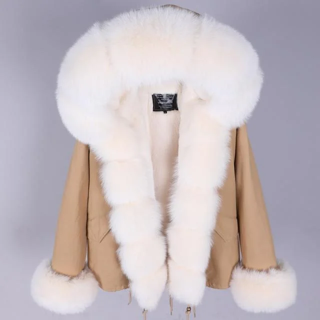 Natural Raccoon Fox Fur Short Winter Jacket Thick Warm Hood Parka for Women