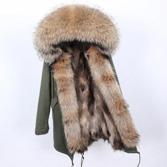 Natural Raccoon Fur Collar Hooded Long Thick Winter Jacket for Women