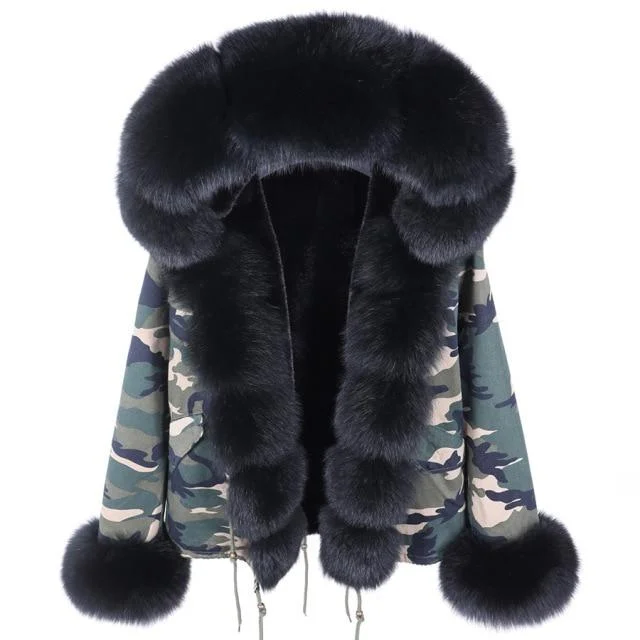 Real Fox Raccoon Fur Jacket with Hood Women's Big Thick Warm Winter Parka