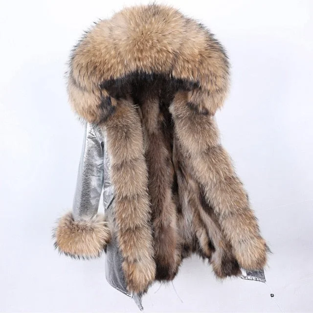 Thick Long Hooded Women's Winter Jacket with Natural Raccoon Fur Collar