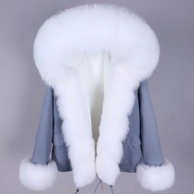 Women's Real Fox Raccoon Fur Full Sleeve Coat Thick Warm Hood Winter Jacket