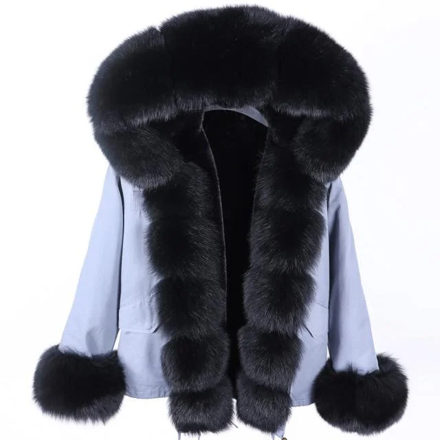 Women's Slim Natural Raccoon Real Fox Fur Hood Winter Short Coats & Jackets