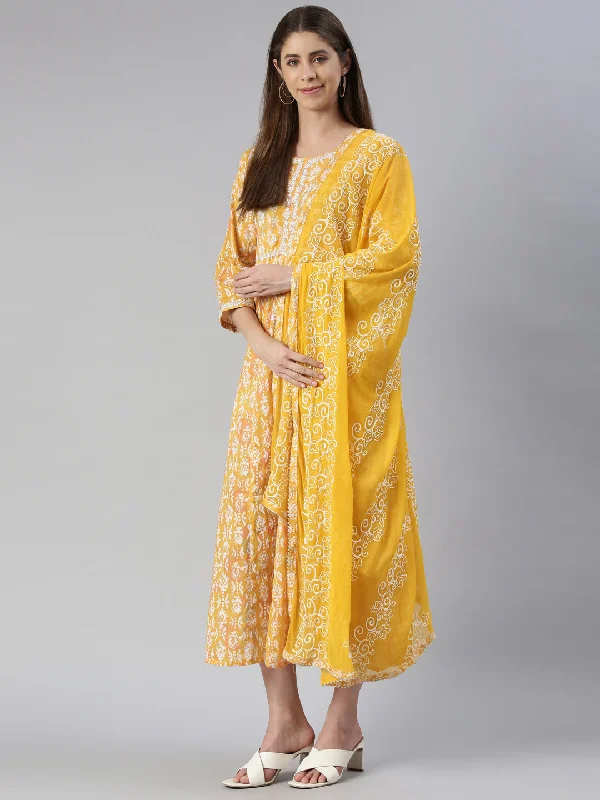 Neeru's Mustard Maxi Casual Printed Dresses