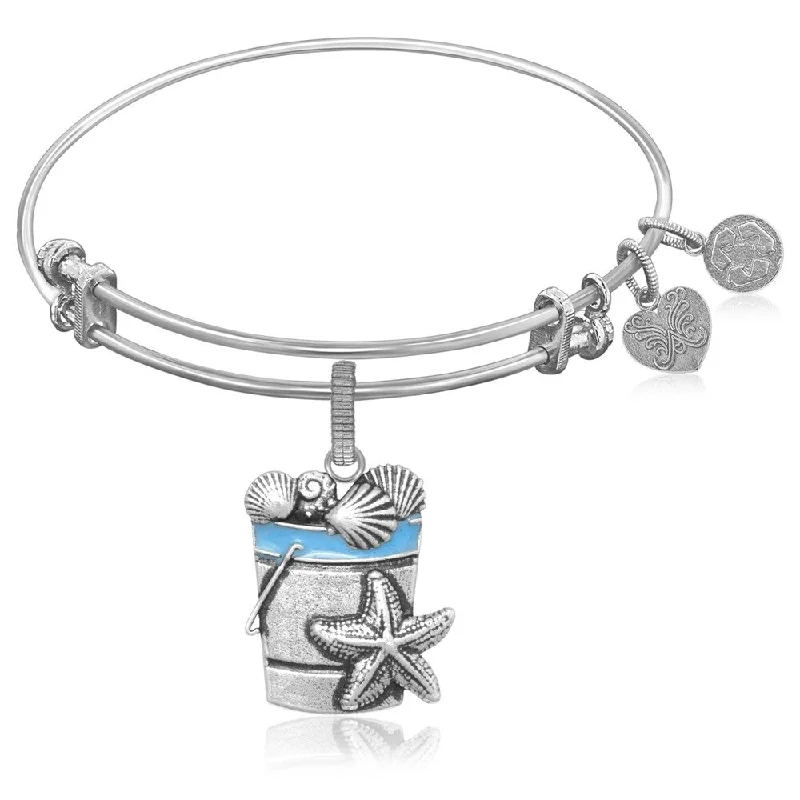 Expandable Bangle in White Tone Brass with Beach Bucket with Sea Shells Symbol