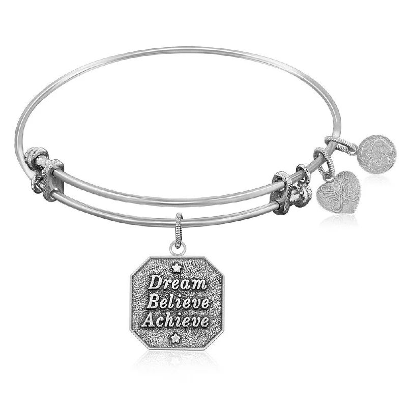 Expandable Bangle in White Tone Brass with Dream Believe Achieve Symbol